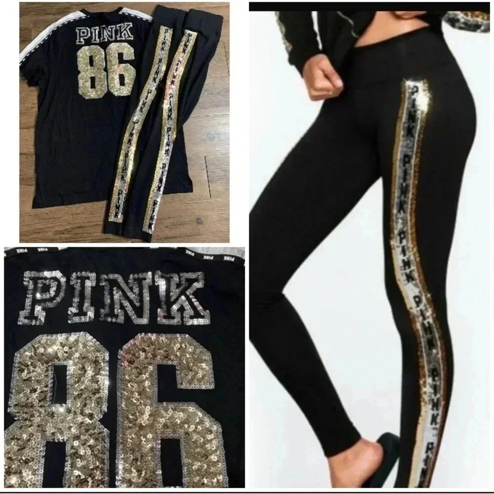 Victoria’s Secret Pink 86  bling Shirt/ Yoga leggings Outfit set M